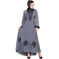 Embroidered Umbrella cut Nida abaya- Grey